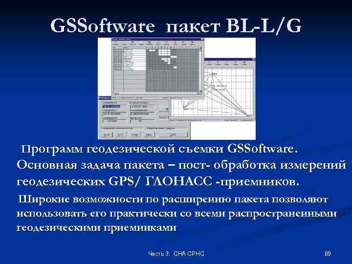 GSSoftware пакет BL-L/G Программ геодезической съемки GSSoftware. Основная задача пакета – пост- обработка измерений