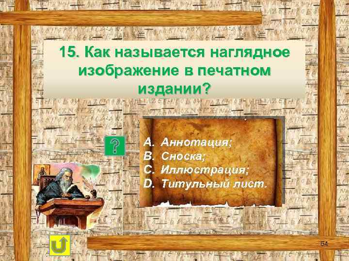 15. Как называется наглядное изображение в печатном издании? A. B. C. D. Аннотация; Сноска;