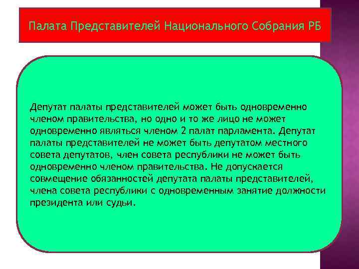 Палата Представителей Национального Собрания РБ Депутат палаты представителей может быть одновременно членом правительства, но