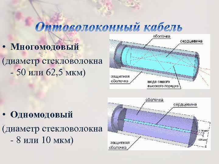  • Многомодовый (диаметр стекловолокна - 50 или 62, 5 мкм) • Одномодовый (диаметр