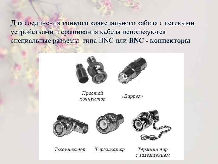 Для соединения тонкого коаксиального кабеля с сетевыми устройствами и сращивания кабеля используются специальные разъемы