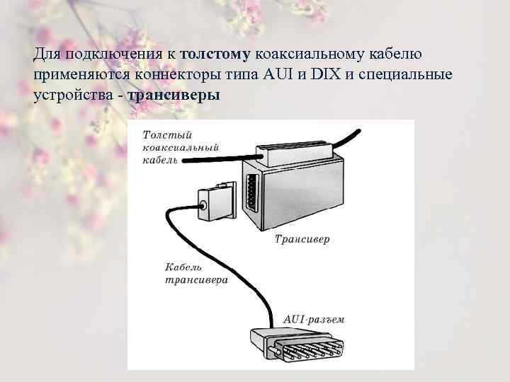 Для подключения к толстому коаксиальному кабелю применяются коннекторы типа AUI и DIX и специальные