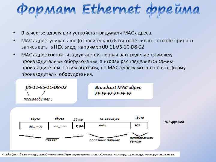  • • • В качестве адресации устройств придумали МАС адреса. МАС адрес- уникальное