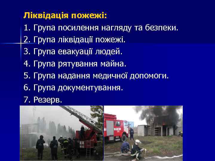 Ліквідація пожежі: 1. Група посилення нагляду та безпеки. 2. Група ліквідації пожежі. 3. Група