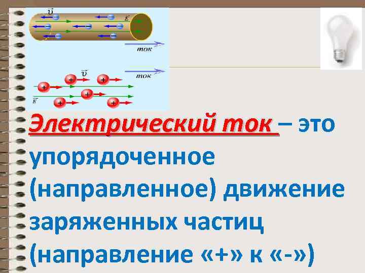 Электрический ток – это упорядоченное (направленное) движение заряженных частиц (направление «+» к «-» )