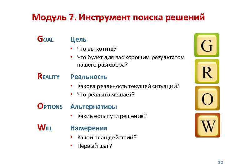 Модуль grow 7. Инструмент поиска решений Модель GOAL Цель • Что вы хотите? •