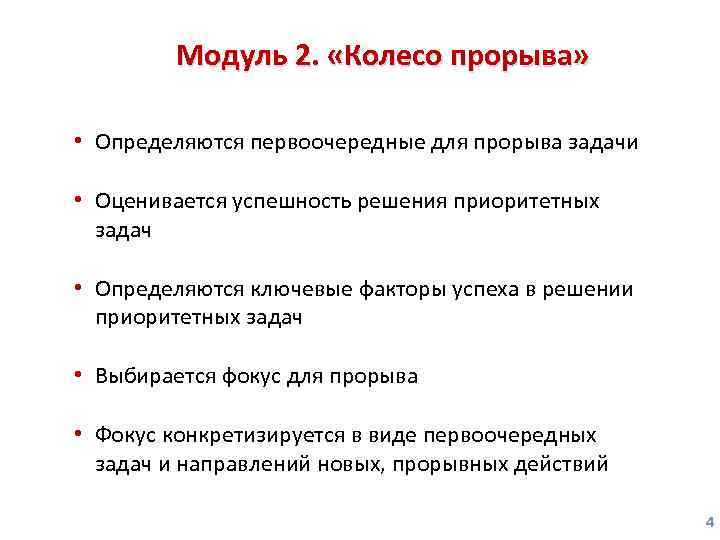 Модуль 2. «Колесо прорыва» Пост-тренинг по итогам каждого модуля • Определяются первоочередные для прорыва