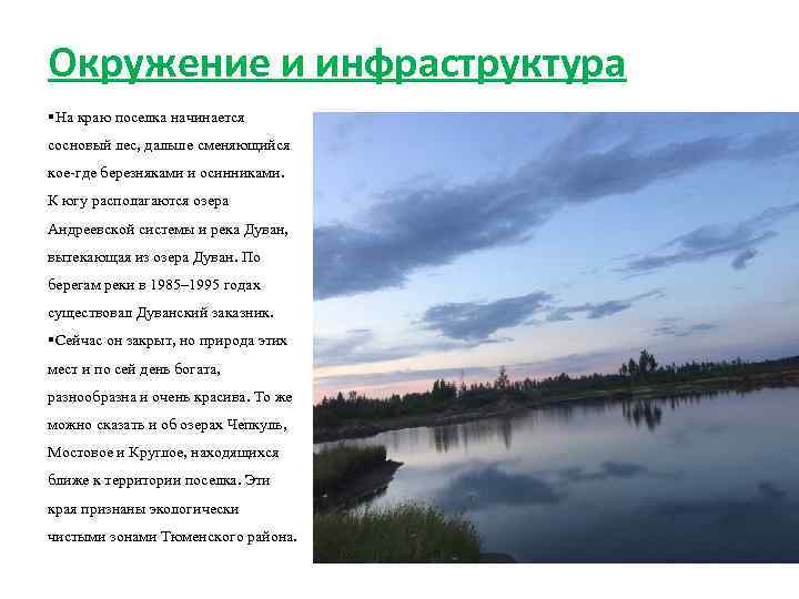 Окружение и инфраструктура На краю поселка начинается сосновый лес, дальше сменяющийся кое-где березняками и