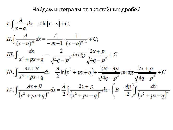 Найдем интегралы от простейших дробей 