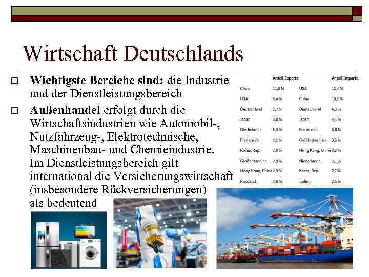 Wirtschaft Deutschlands o o Wichtigste Bereiche sind: die Industrie und der Dienstleistungsbereich Außenhandel erfolgt