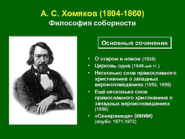 А. С. Хомяков (1804 -1860) Философия соборности Основные сочинения • О старом и новом