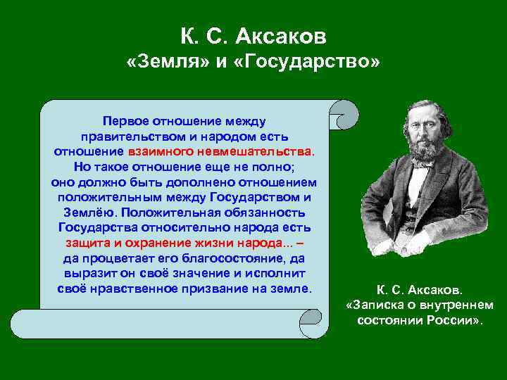 К. С. Аксаков «Земля» и «Государство» Первое отношение между правительством и народом есть отношение