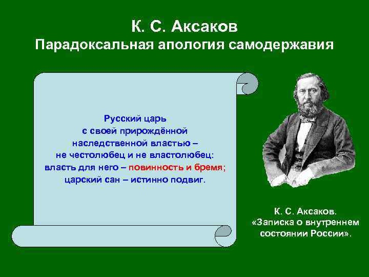 К. С. Аксаков Парадоксальная апология самодержавия Русский царь с своей прирождённой наследственной властью –