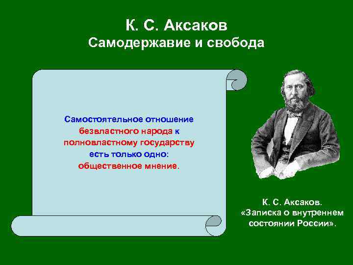 К. С. Аксаков Самодержавие и свобода Самостоятельное отношение безвластного народа к полновластному государству есть