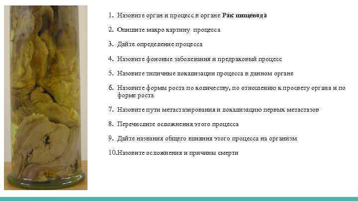 1. Назовите орган и процесс в органе Рак пищевода 2. Опишите макро картину процесса