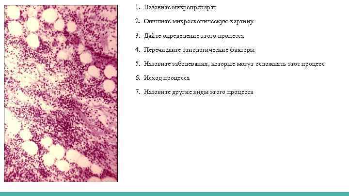 1. Назовите микропрепарат 2. Опишите микроскопическую картину 3. Дайте определение этого процесса 4. Перечислите