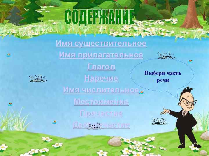 Имя существительное Имя прилагательное Глагол Выбери часть Наречие речи Имя числительное Местоимение Причастие Деепричастие