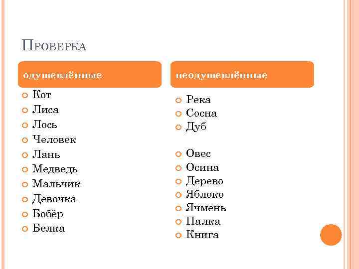 ПРОВЕРКА одушевлённые Кот Лиса Лось Человек Лань Медведь Мальчик Девочка Бобёр Белка неодушевлённые Река