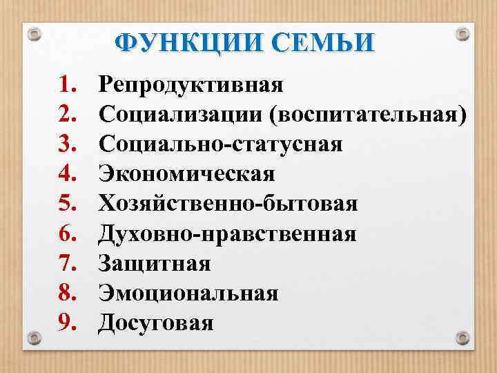 ФУНКЦИИ СЕМЬИ 1. 2. 3. 4. 5. 6. 7. 8. 9. Репродуктивная Социализации (воспитательная)