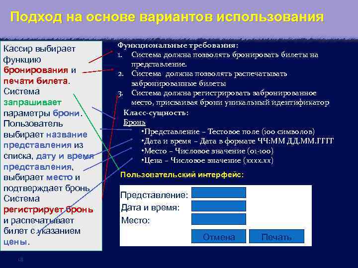 Подход на основе вариантов использования Кассир выбирает функцию бронирования и печати билета. Система запрашивает