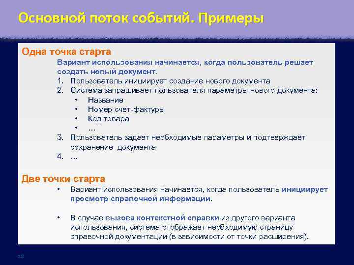 Основной поток событий. Примеры Одна точка старта Вариант использования начинается, когда пользователь решает создать