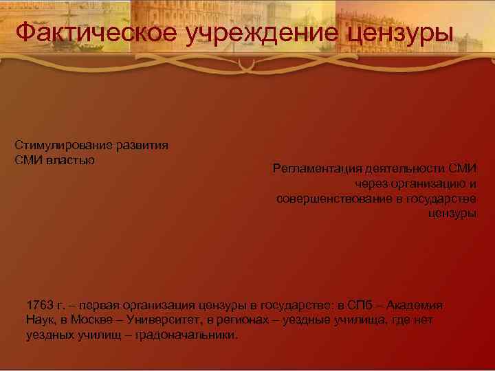 Фактическое учреждение цензуры Стимулирование развития СМИ властью Регламентация деятельности СМИ через организацию и совершенствование