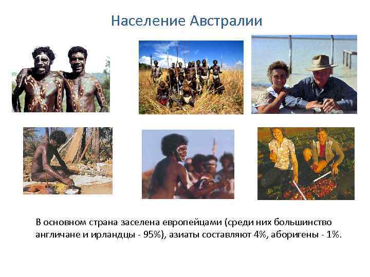 Население Австралии В основном страна заселена европейцами (среди них большинство англичане и ирландцы -