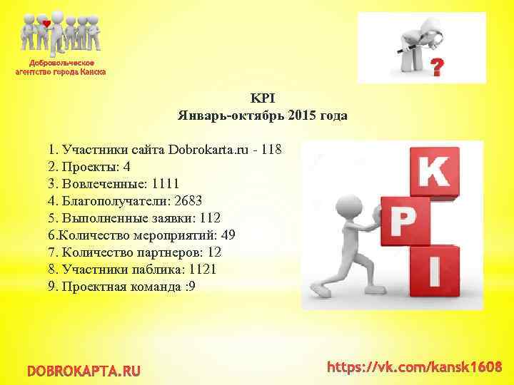 KPI Январь-октябрь 2015 года 1. Участники сайта Dobrokarta. ru - 118 2. Проекты: 4