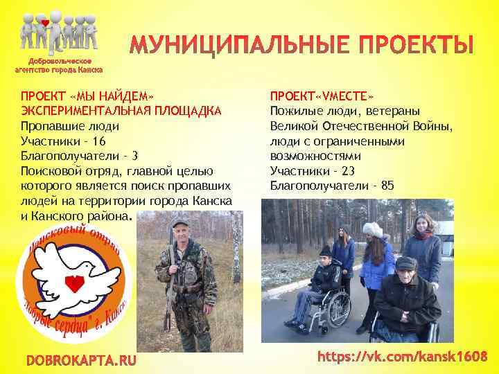 ПРОЕКТ «МЫ НАЙДЕМ» ЭКСПЕРИМЕНТАЛЬНАЯ ПЛОЩАДКА Пропавшие люди Участники – 16 Благополучатели – 3 Поисковой