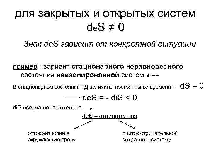 для закрытых и открытых систем d e. S ≠ 0 Знак de. S зависит