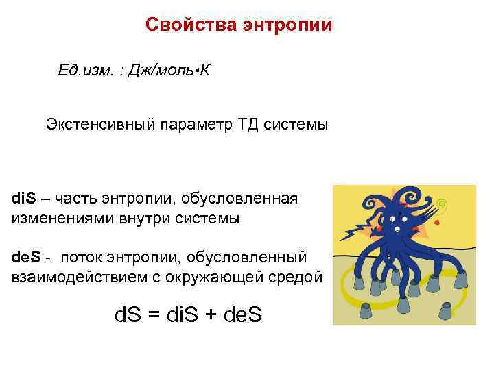 Свойства энтропии Ед. изм. : Дж/моль▪К Экстенсивный параметр ТД системы di. S – часть