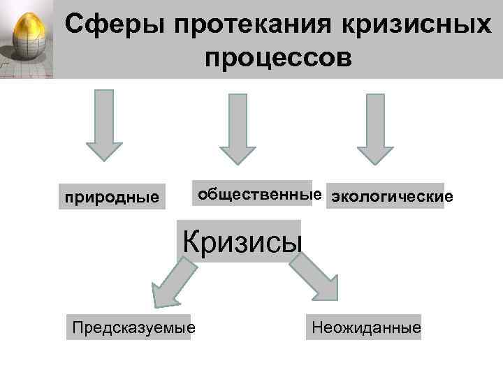 Сферы протекания кризисных процессов общественные экологические природные Кризисы Предсказуемые Неожиданные 
