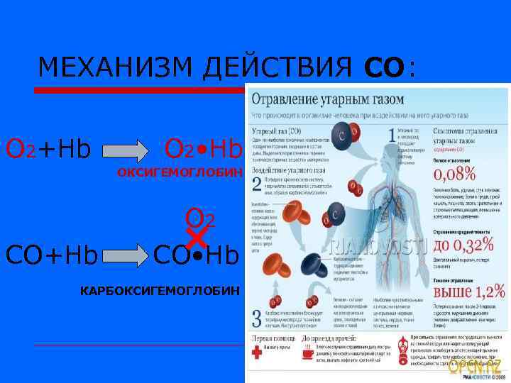МЕХАНИЗМ ДЕЙСТВИЯ СО: О 2+Нb О 2 • Нb ОКСИГЕМОГЛОБИН СО+Нb О 2 СО