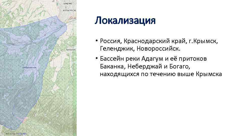 Локализация • Россия, Краснодарский край, г. Крымск, Геленджик, Новороссийск. • Бассейн реки Адагум и