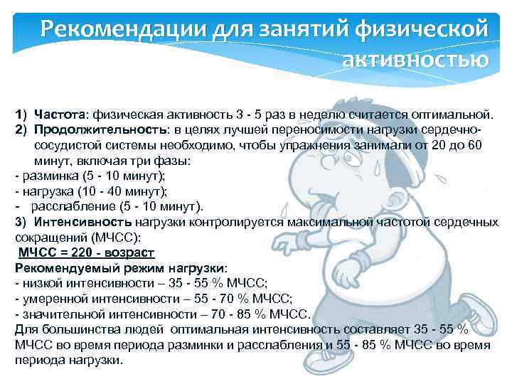 Рекомендации для занятий физической активностью 1) Частота: физическая активность 3 - 5 раз в