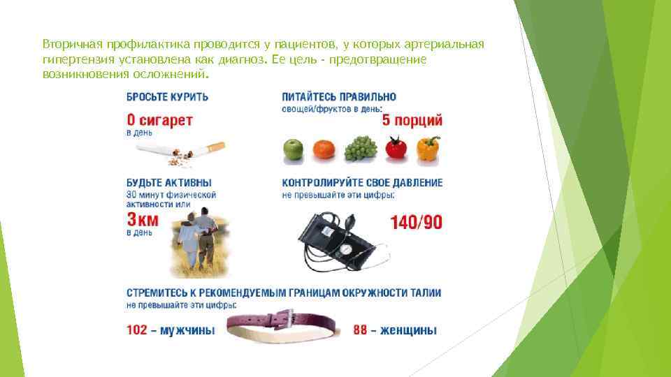 Вторичная профилактика проводится у пациентов, у которых артериальная гипертензия установлена как диагноз. Ее цель