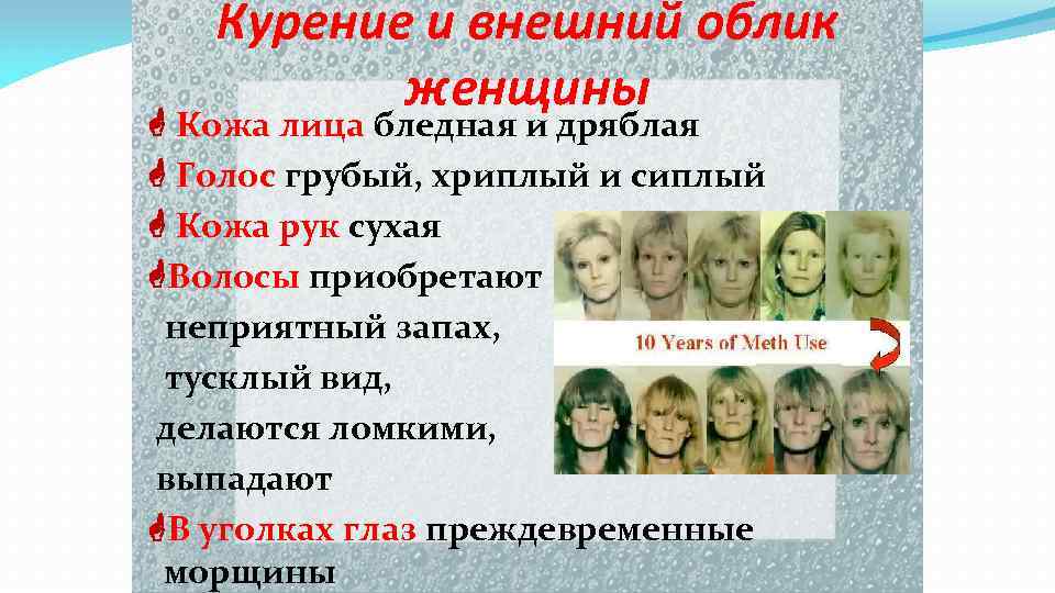 Курение и внешний облик женщины Кожа лица бледная и дряблая Голос грубый, хриплый и