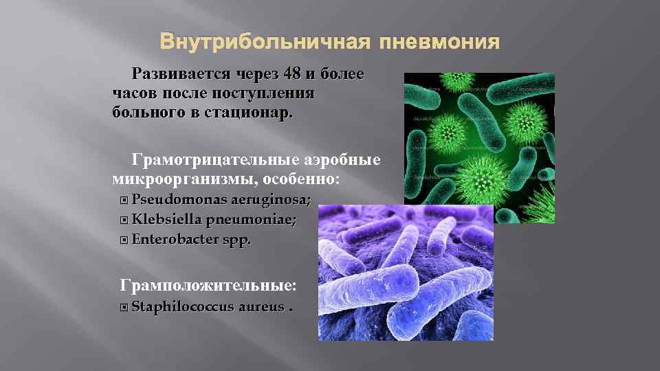 Внутрибольничная пневмония Развивается через 48 и более часов после поступления больного в стационар. Грамотрицательные