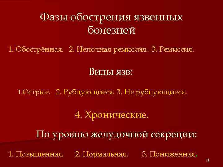 Фазы обострения язвенных болезней 1. Обострённая. 2. Неполная ремиссия. 3. Ремиссия. Виды язв: 1.