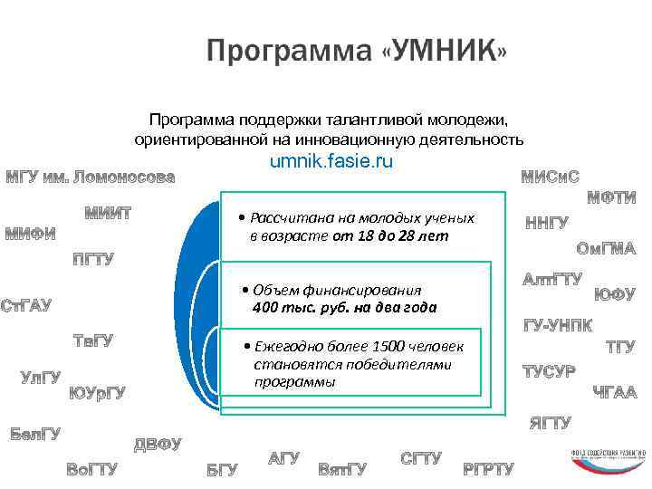 Программа поддержки талантливой молодежи, ориентированной на инновационную деятельность umnik. fasie. ru • Рассчитана на