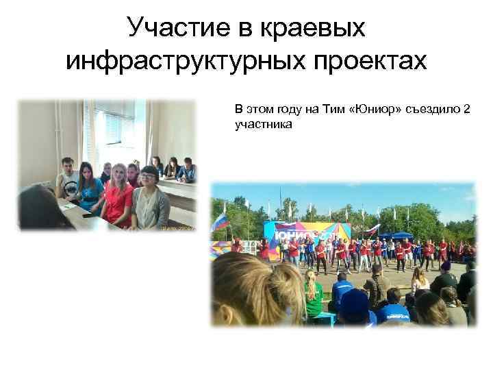 Участие в краевых инфраструктурных проектах В этом году на Тим «Юниор» съездило 2 участника