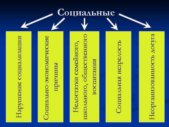 Неорганизованность досуга Социальная незрелость Недостатки семейного, школьного, общественного воспитания Социально-экономические причины Нарушение социализации Социальные