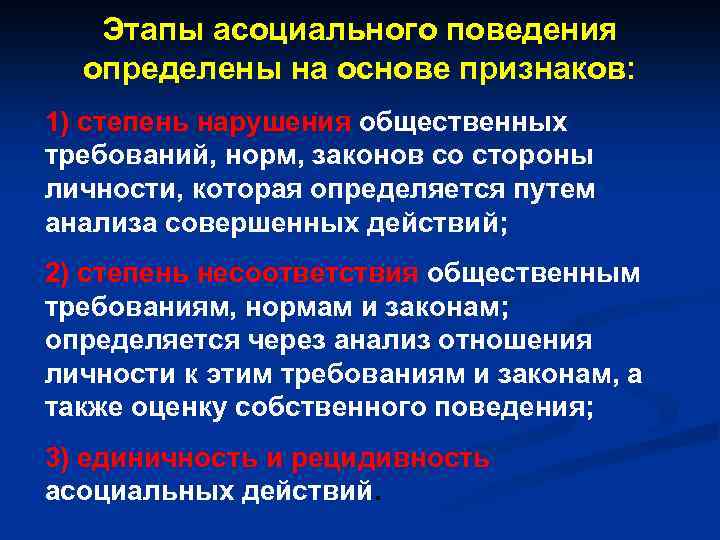 Этапы асоциального поведения определены на основе признаков: 1) степень нарушения общественных требований, норм, законов