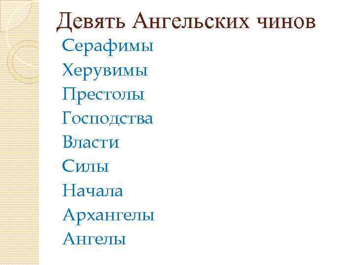 Девять Ангельских чинов Серафимы Херувимы Престолы Господства Власти Силы Начала Архангелы Ангелы 