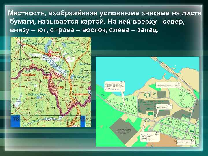 Местность, изображённая условными знаками на листе бумаги, называется картой. На ней вверху –север, внизу