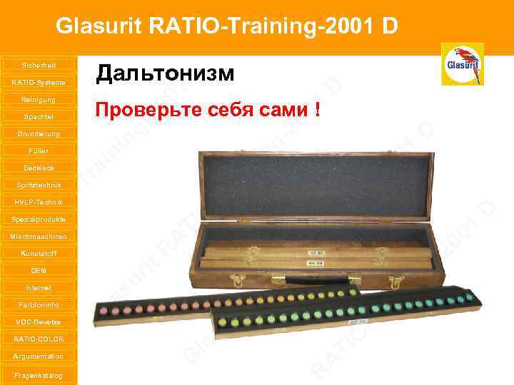 Glasurit RATIO-Training-2001 D Sicherheit RATIO-Systeme Reinigung Spachtel Grundierung Füller Decklack Spritztechnik HVLP-Technik Spezialprodukte Mischmaschinen