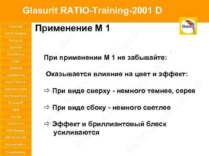 Glasurit RATIO-Training-2001 D Sicherheit RATIO-Systeme Reinigung Spachtel Grundierung Füller Decklack Spritztechnik HVLP-Technik Spezialprodukte Mischmaschinen