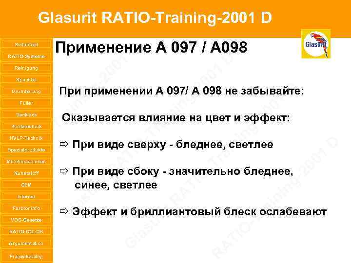 Glasurit RATIO-Training-2001 D Sicherheit RATIO-Systeme Reinigung Spachtel Grundierung Füller Decklack Spritztechnik HVLP-Technik Spezialprodukte Mischmaschinen