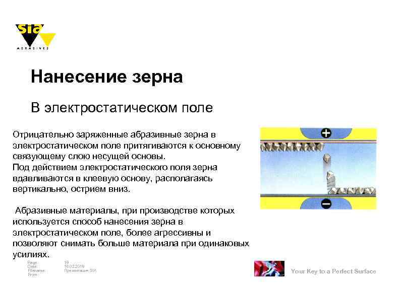Нанесение зерна В электростатическом поле Отрицательно заряженные абразивные зерна в электростатическом поле притягиваются к