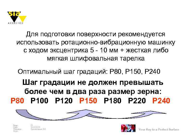 Для подготовки поверхности рекомендуется использовать ротационно-вибрационную машинку с ходом эксцентрика 5 - 10 мм